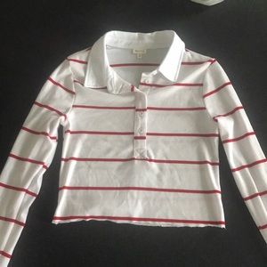 striped collared long sleeve crop top